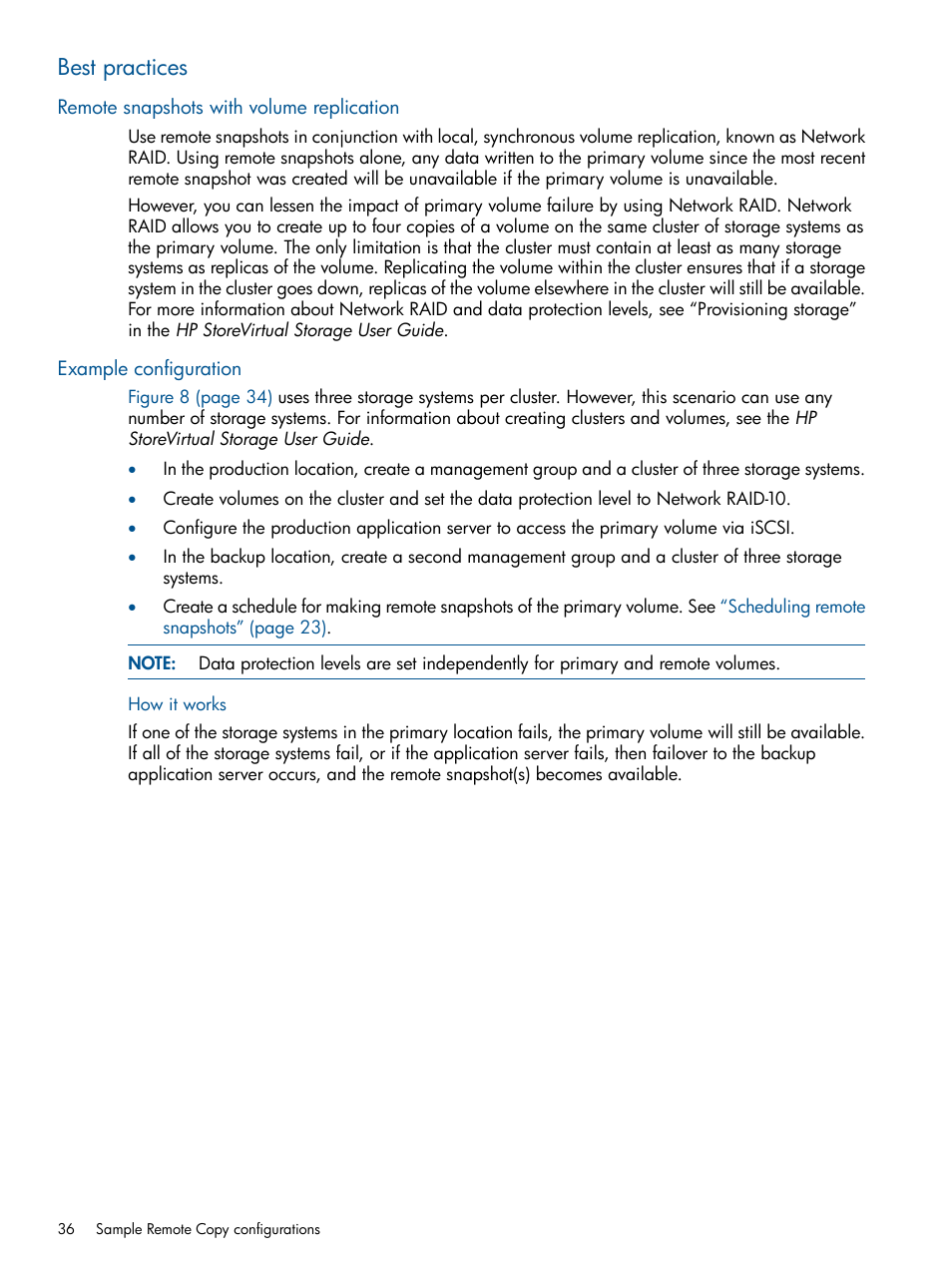 Best practices, Remote snapshots with volume replication, Example configuration | How it works | HP LeftHand P4000 Virtual SAN Appliance Software User Manual | Page 36 / 59