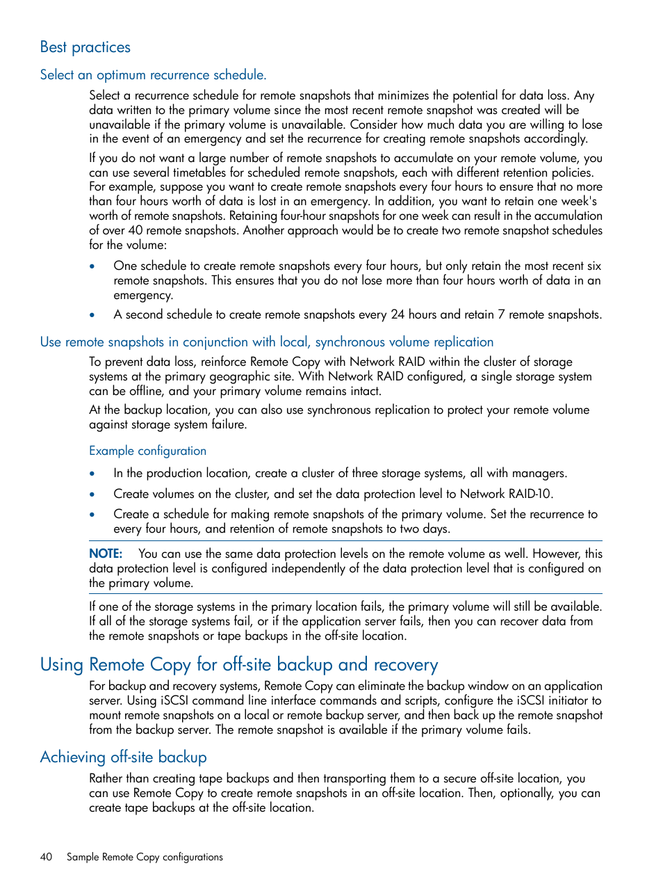 Best practices, Select an optimum recurrence schedule, Example configuration | Using remote copy for off-site backup and recovery, Achieving off-site backup | HP LeftHand P4000 Virtual SAN Appliance Software User Manual | Page 40 / 59