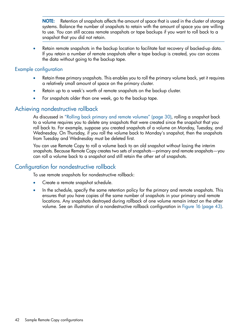 Example configuration, Achieving nondestructive rollback, Configuration for nondestructive rollback | HP LeftHand P4000 Virtual SAN Appliance Software User Manual | Page 42 / 59