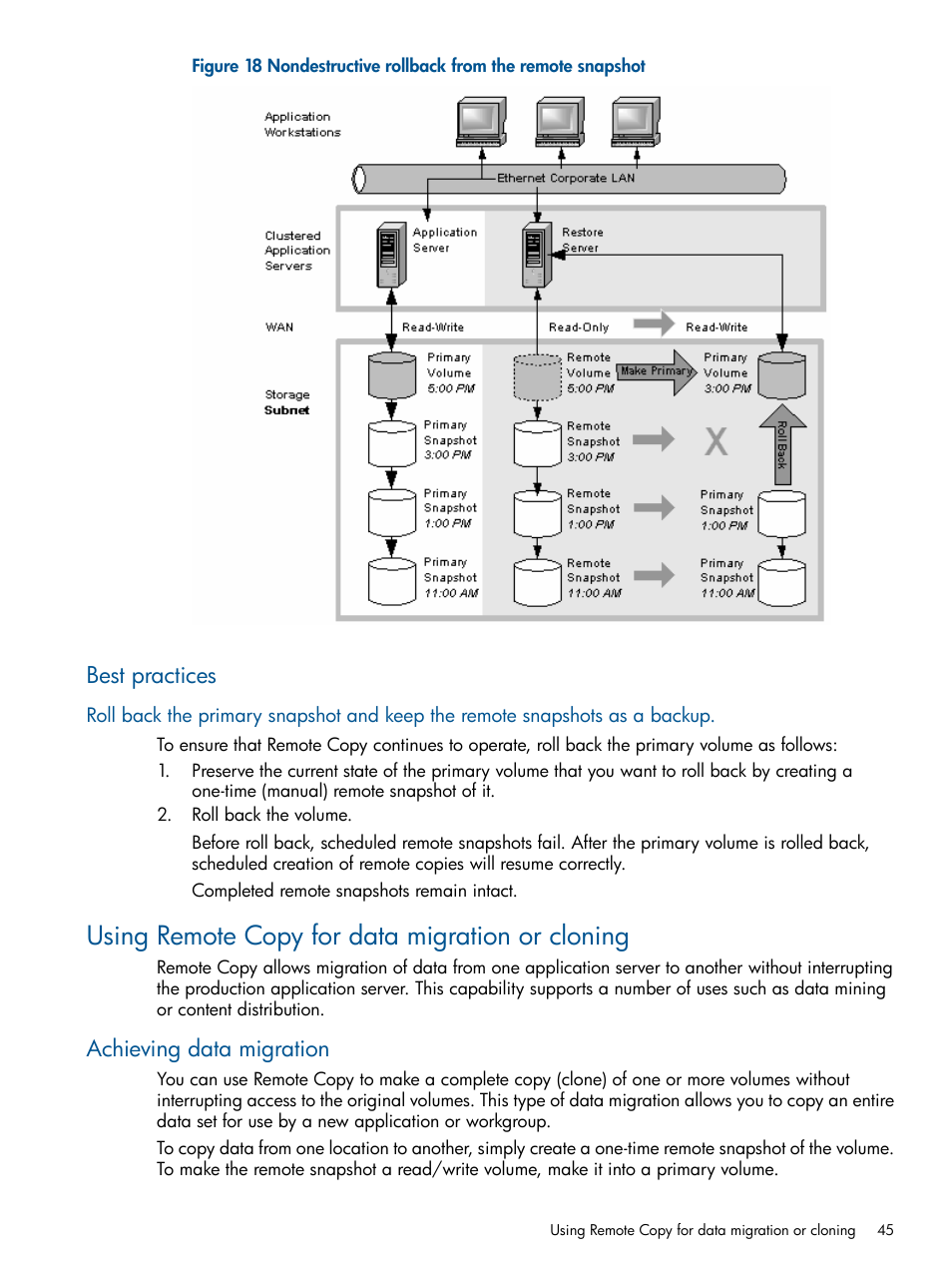 Best practices, Using remote copy for data migration or cloning, Achieving data migration | HP LeftHand P4000 Virtual SAN Appliance Software User Manual | Page 45 / 59