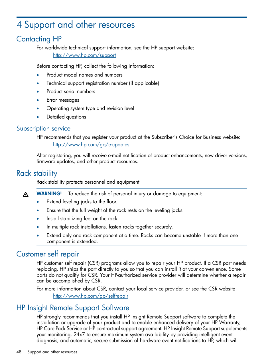 4 support and other resources, Contacting hp, Subscription service | Rack stability, Customer self repair, Hp insight remote support software | HP LeftHand P4000 Virtual SAN Appliance Software User Manual | Page 48 / 59