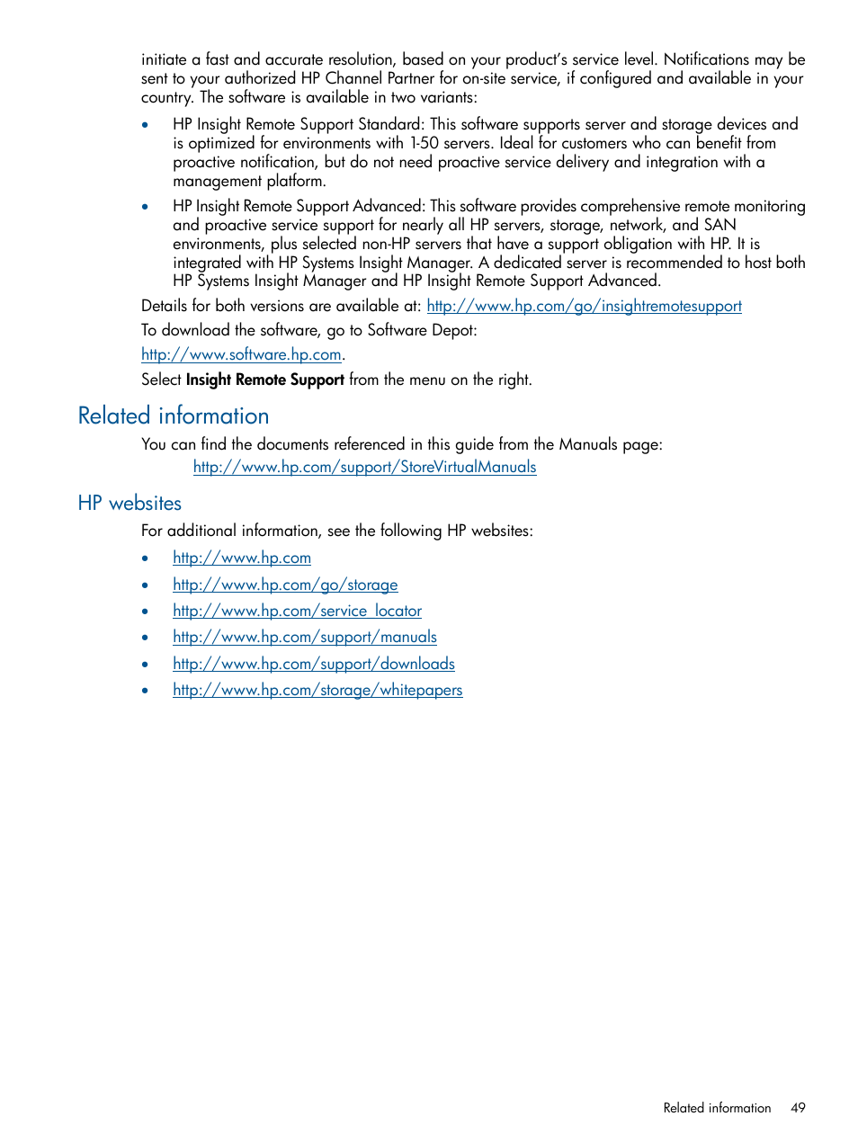 Related information, Hp websites | HP LeftHand P4000 Virtual SAN Appliance Software User Manual | Page 49 / 59