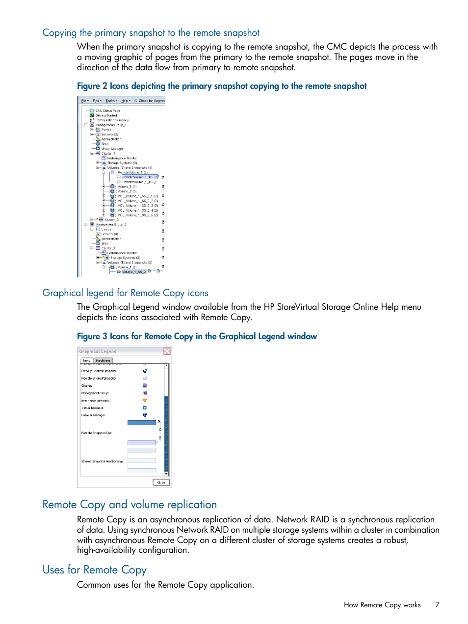 Graphical legend for remote copy icons, Remote copy and volume replication, Uses for remote copy | HP LeftHand P4000 Virtual SAN Appliance Software User Manual | Page 7 / 59