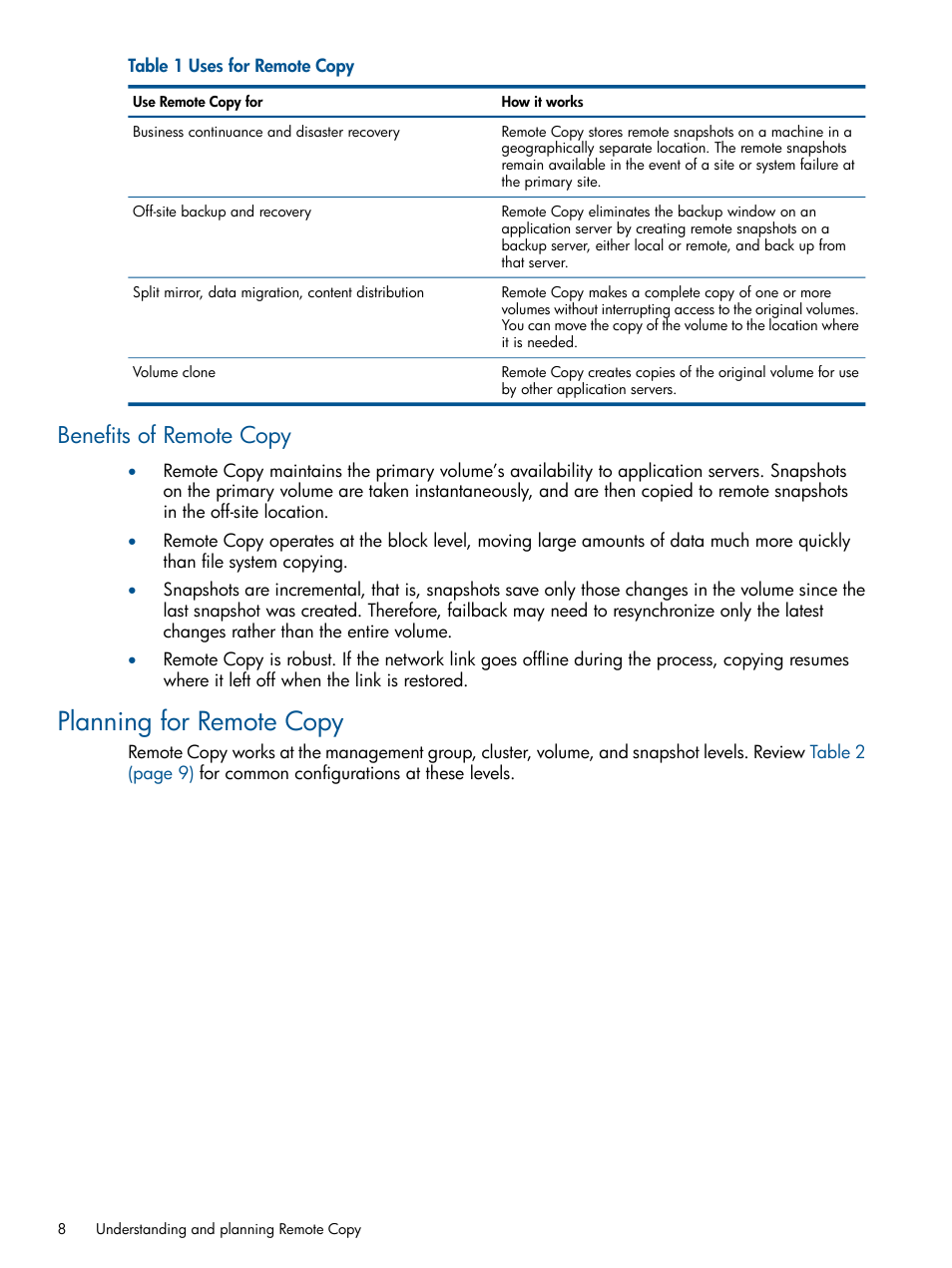 Benefits of remote copy, Planning for remote copy | HP LeftHand P4000 Virtual SAN Appliance Software User Manual | Page 8 / 59