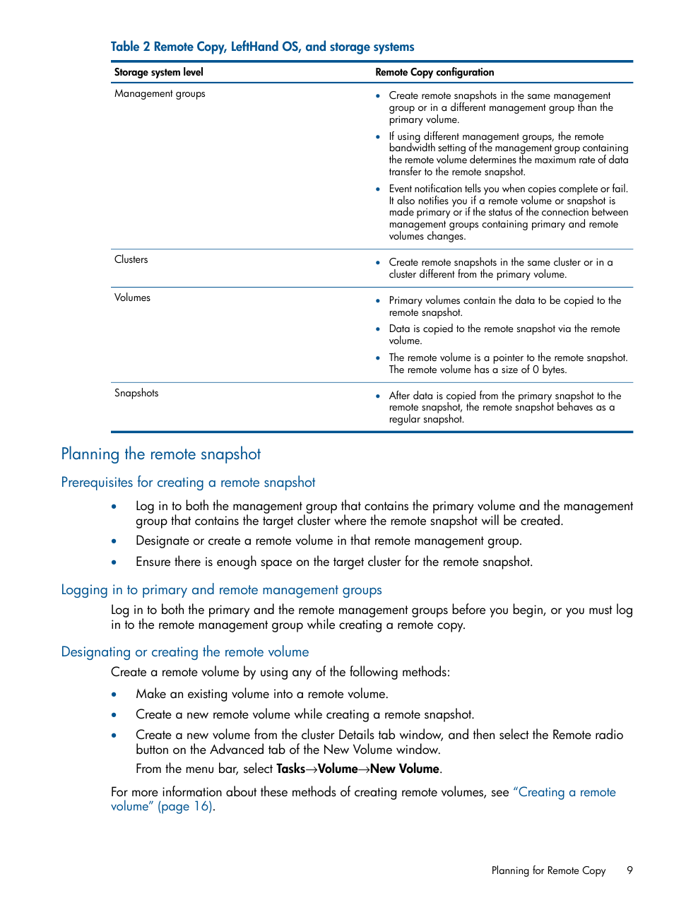 Planning the remote snapshot, Prerequisites for creating a remote snapshot, Logging in to primary and remote management groups | Designating or creating the remote volume | HP LeftHand P4000 Virtual SAN Appliance Software User Manual | Page 9 / 59