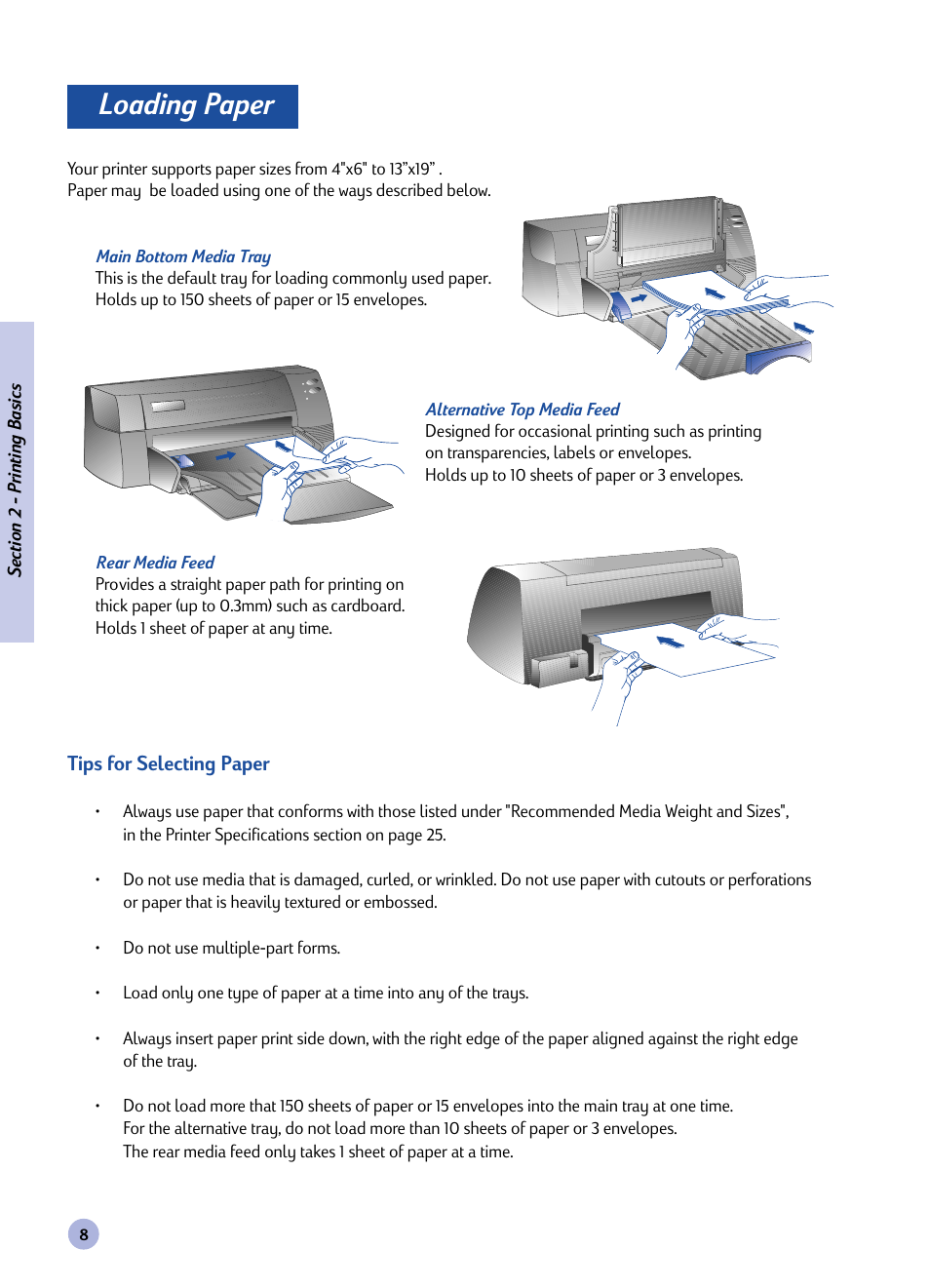 Section, Loading paper, Printing basics | HP Deskjet 1120cxi Printer User Manual | Page 10 / 31