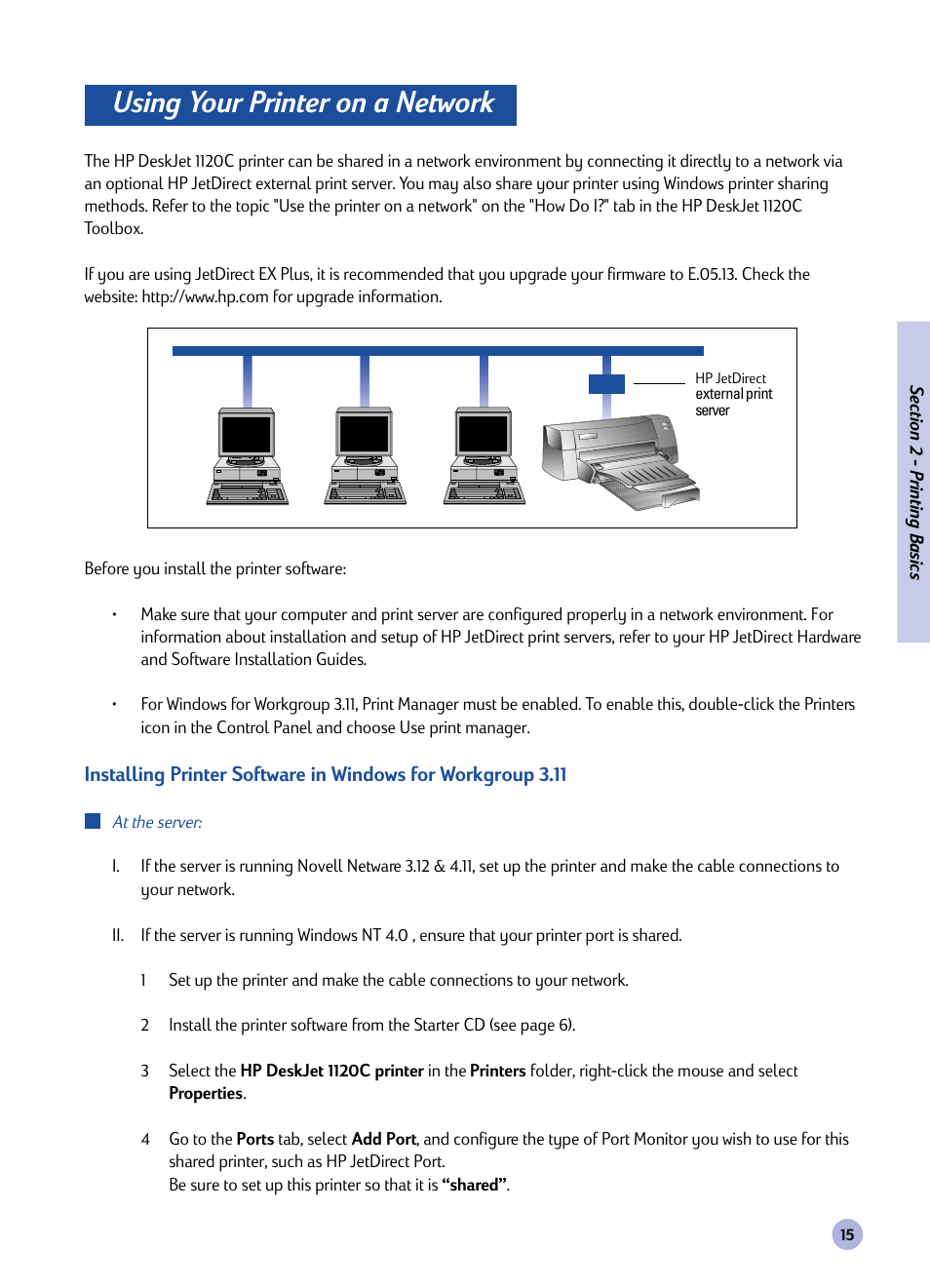 Using your printer on a network | HP Deskjet 1120cxi Printer User Manual | Page 17 / 31