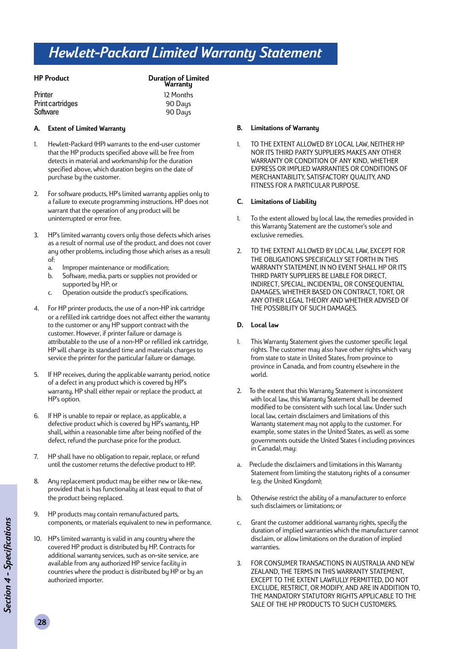 Hewlett-packard warranty statement, Hewlett-packard limited warranty statement | HP Deskjet 1120cxi Printer User Manual | Page 30 / 31