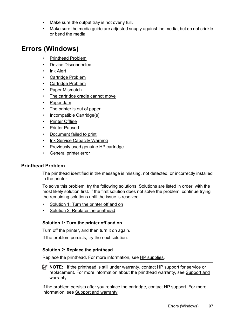 Errors (windows), Printhead problem, Solution 1: turn the printer off and on | Solution 2: replace the printhead, Device disconnected ink alert, Cartridge problem | HP Officejet 7000 Wide Format Printer - E809a User Manual | Page 101 / 144