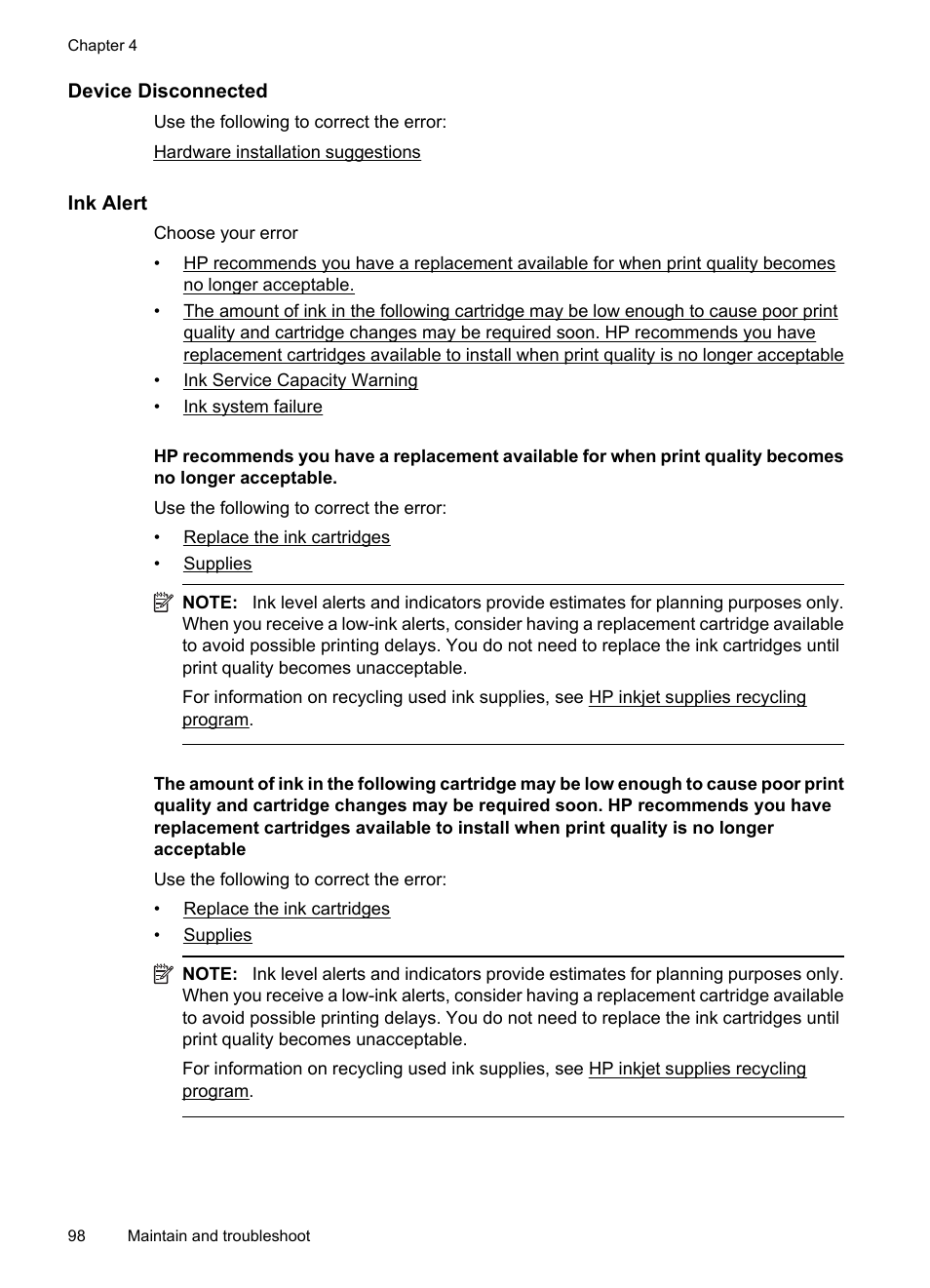 Device disconnected, Ink alert | HP Officejet 7000 Wide Format Printer - E809a User Manual | Page 102 / 144