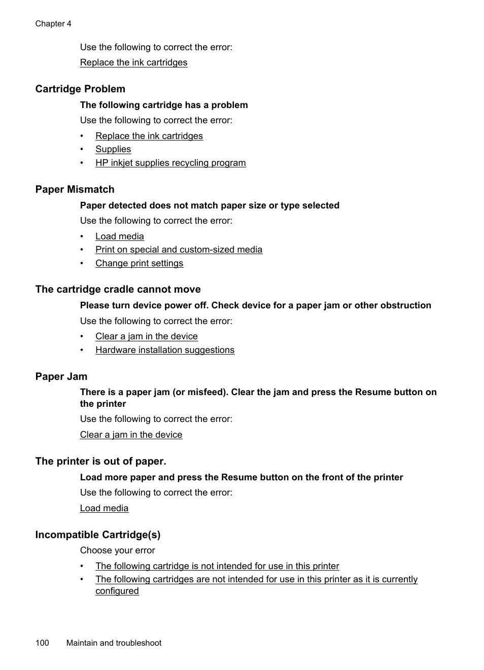 Cartridge problem, Paper mismatch, The cartridge cradle cannot move | Paper jam, The printer is out of paper, Incompatible cartridge(s) | HP Officejet 7000 Wide Format Printer - E809a User Manual | Page 104 / 144