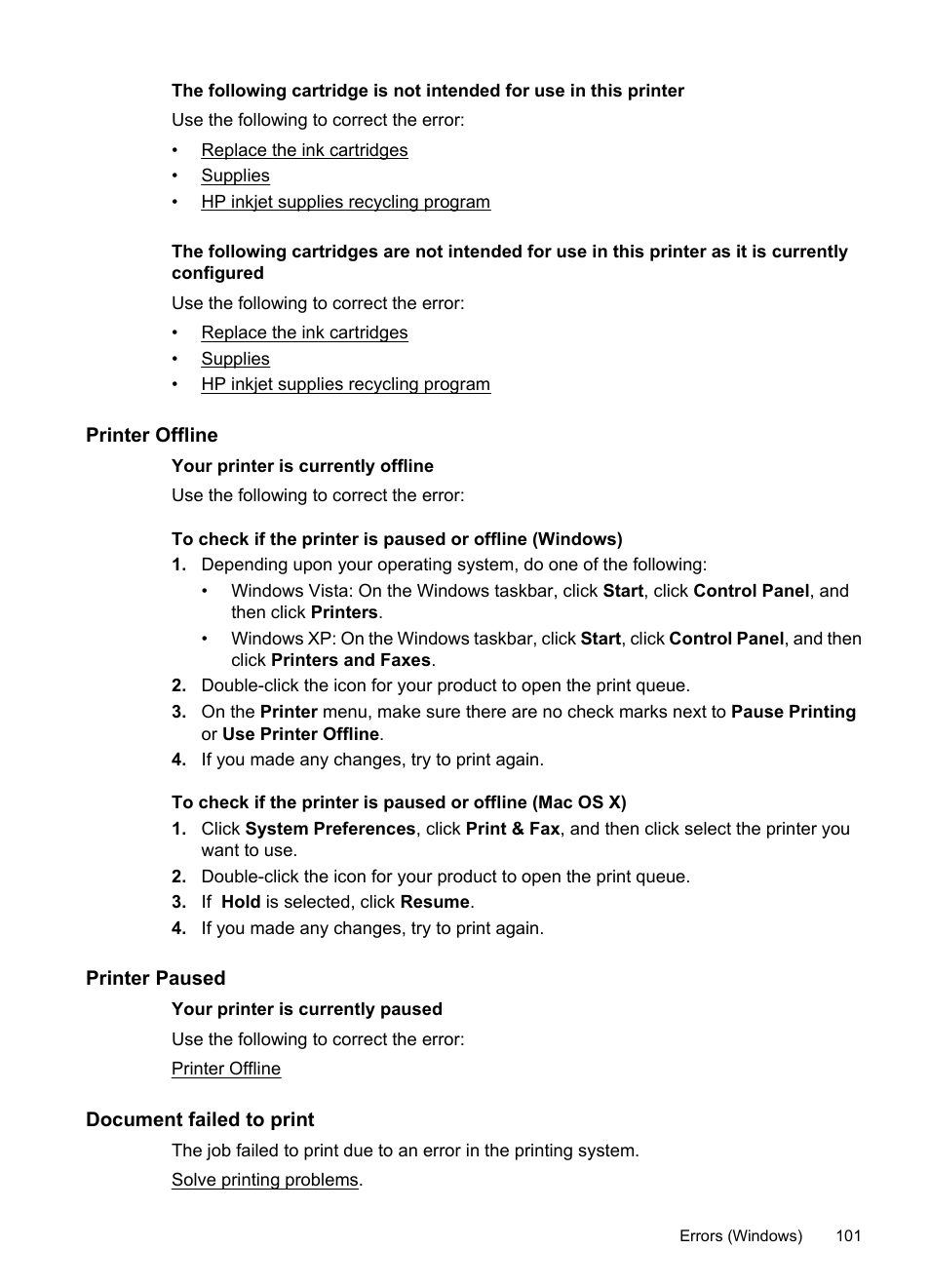 Printer offline, Printer paused, Document failed to print | HP Officejet 7000 Wide Format Printer - E809a User Manual | Page 105 / 144