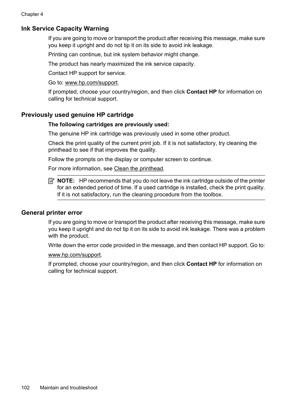 Ink service capacity warning, Previously used genuine hp cartridge, General printer error | HP Officejet 7000 Wide Format Printer - E809a User Manual | Page 106 / 144