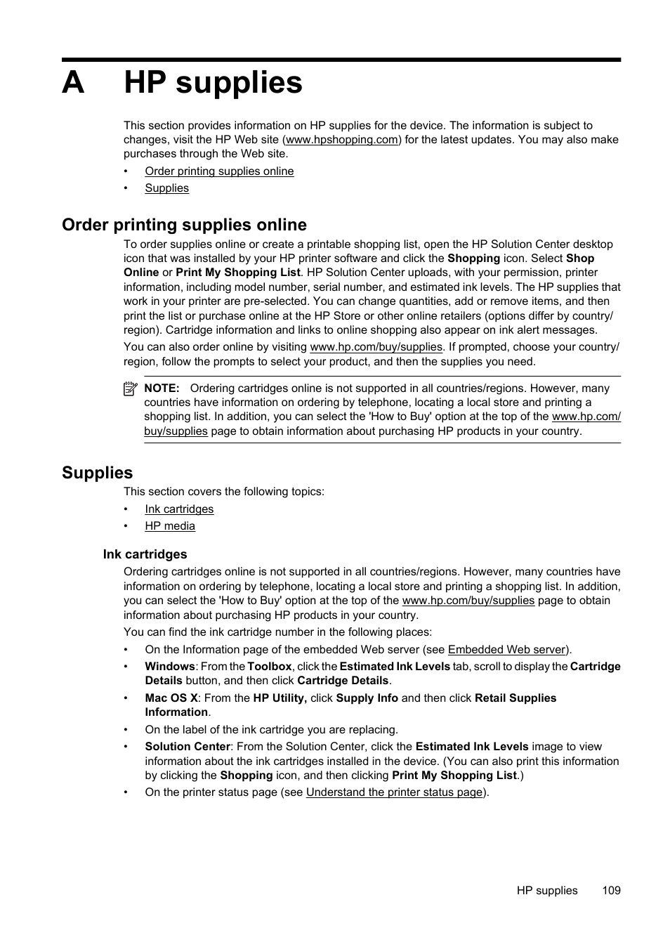 Hp supplies, Order printing supplies online, Supplies | Ink cartridges, A hp supplies, Order printing supplies online supplies, Ink cartridges hp media, Ahp supplies | HP Officejet 7000 Wide Format Printer - E809a User Manual | Page 113 / 144