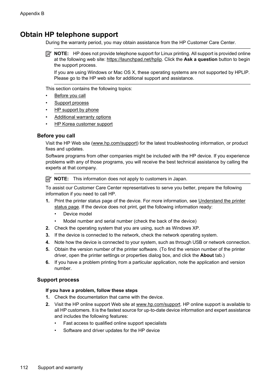 Obtain hp telephone support, Before you call, Support process | HP Officejet 7000 Wide Format Printer - E809a User Manual | Page 116 / 144