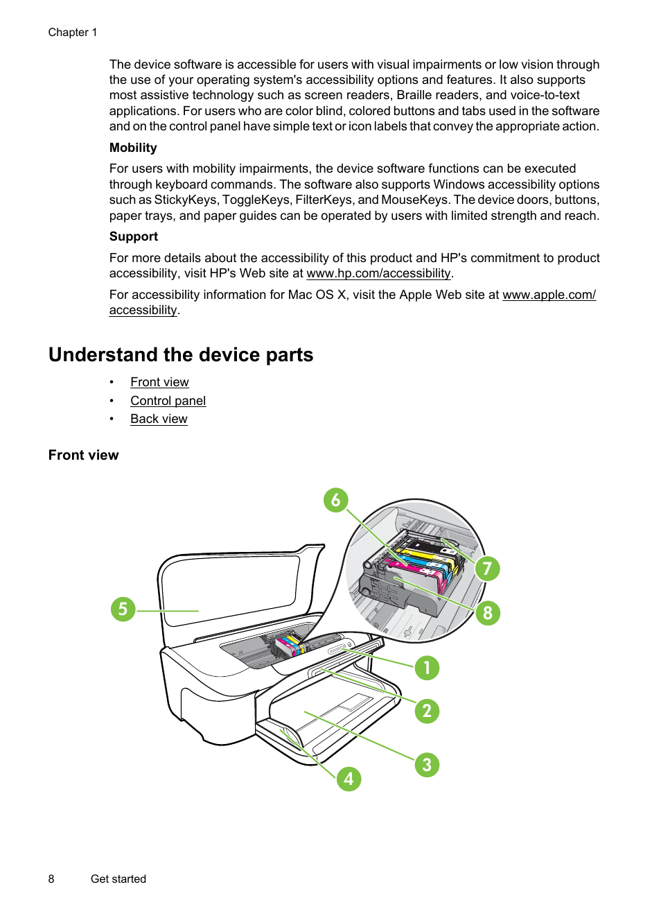 Understand the device parts, Front view, Front view control panel back view | HP Officejet 7000 Wide Format Printer - E809a User Manual | Page 12 / 144