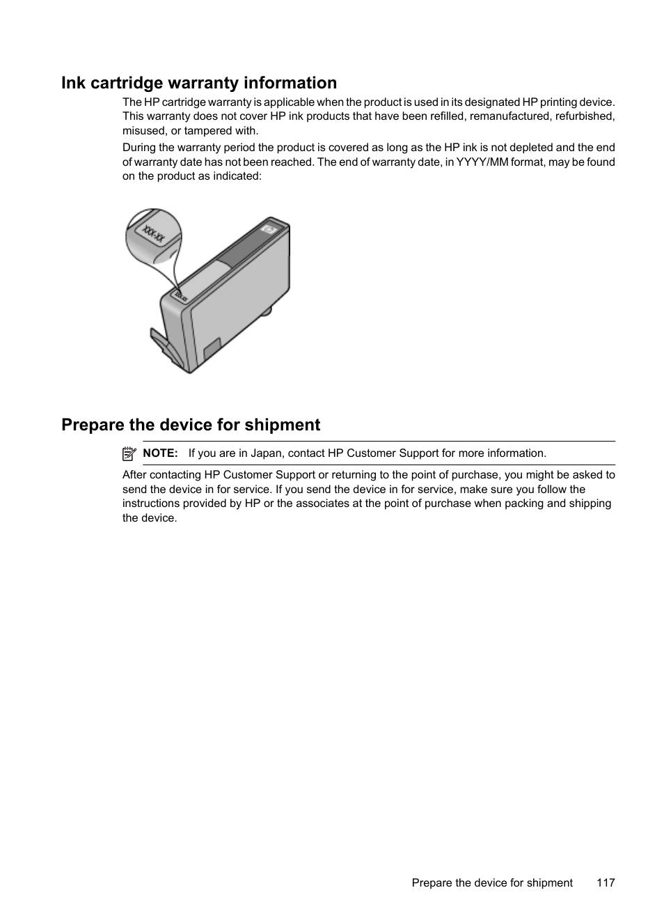 Ink cartridge warranty information, Prepare the device for shipment | HP Officejet 7000 Wide Format Printer - E809a User Manual | Page 121 / 144