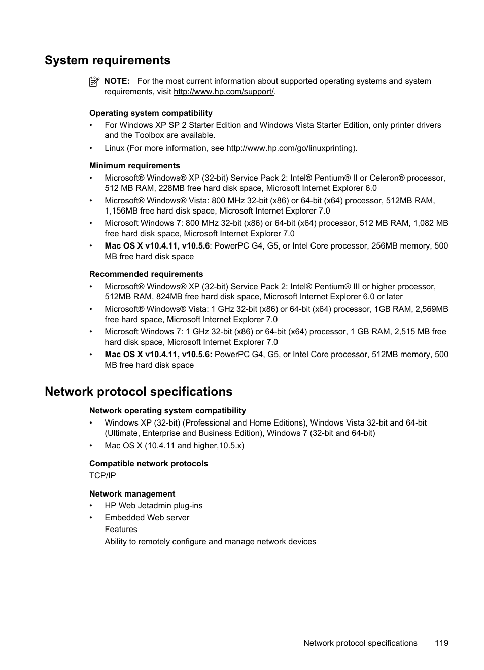 System requirements, Network protocol specifications, E system requirements | HP Officejet 7000 Wide Format Printer - E809a User Manual | Page 123 / 144