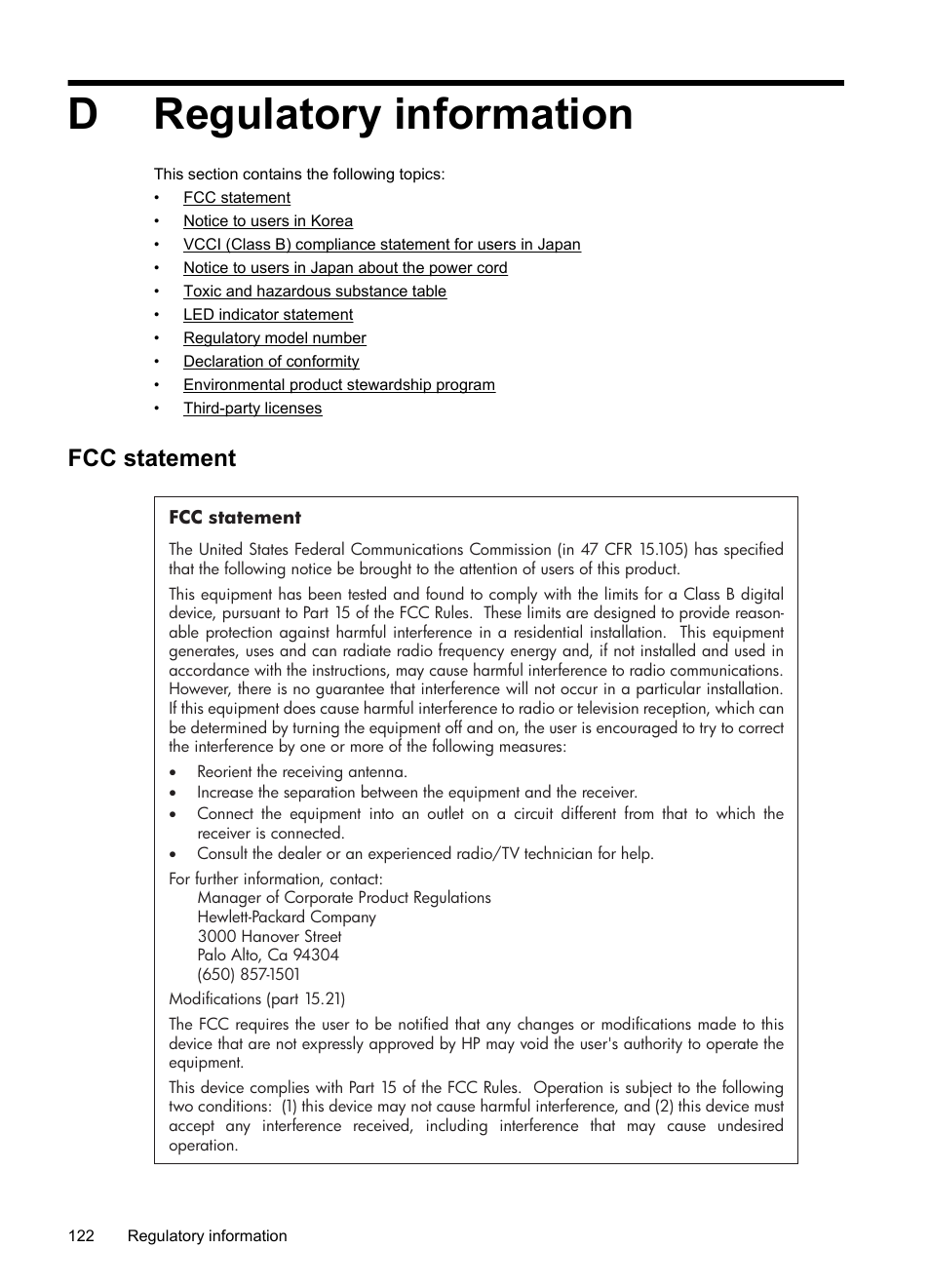 Regulatory information, Fcc statement, D regulatory information | Dregulatory information | HP Officejet 7000 Wide Format Printer - E809a User Manual | Page 126 / 144