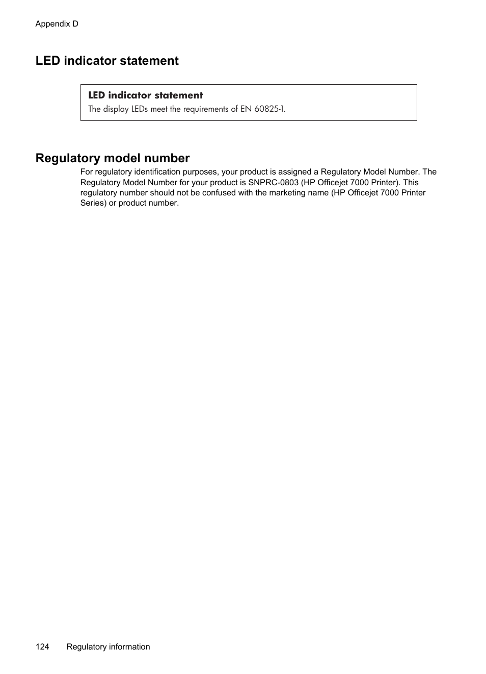 Led indicator statement, Regulatory model number, Led indicator statement regulatory model number | HP Officejet 7000 Wide Format Printer - E809a User Manual | Page 128 / 144