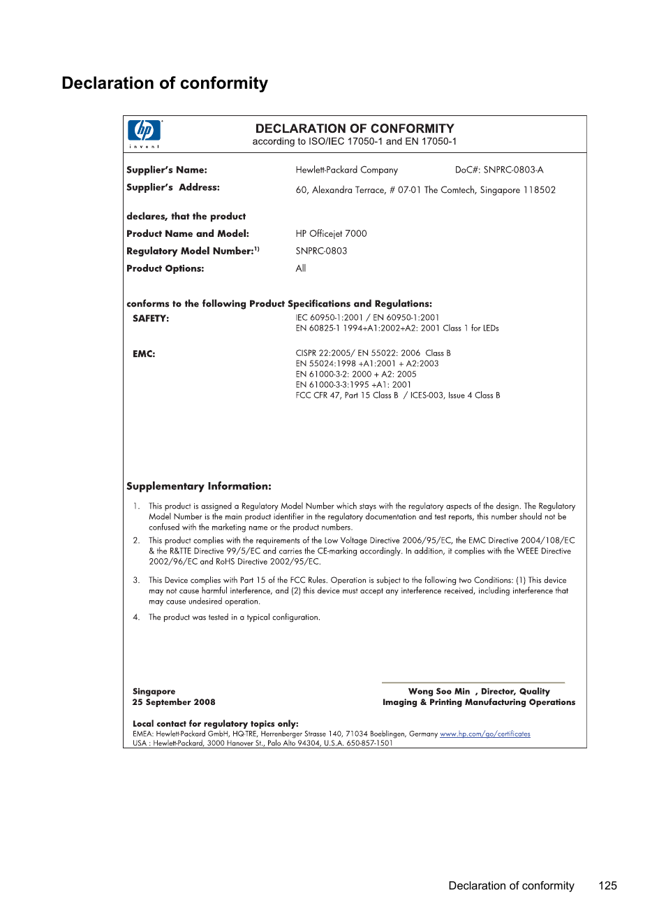 Declaration of conformity | HP Officejet 7000 Wide Format Printer - E809a User Manual | Page 129 / 144