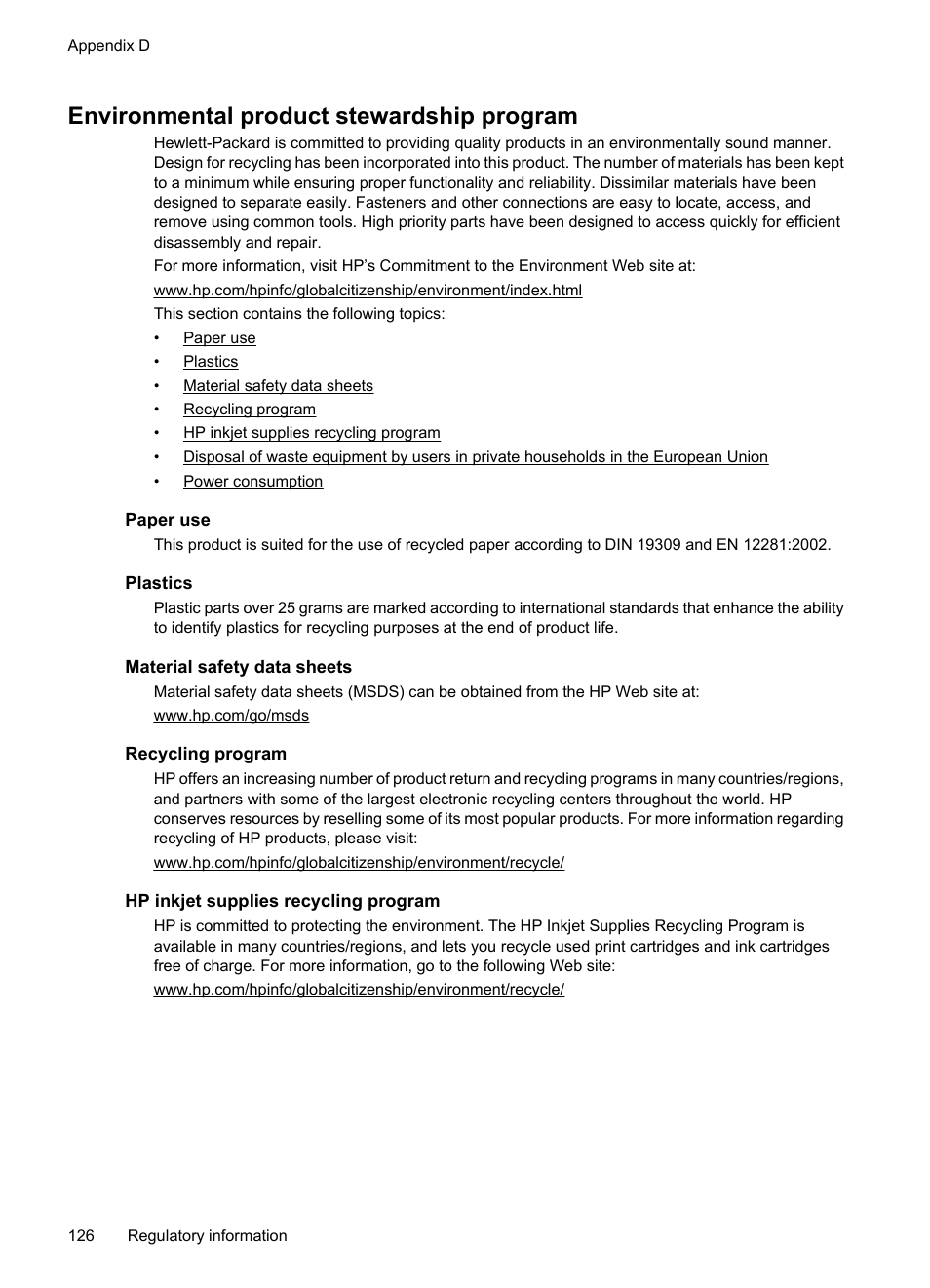 Environmental product stewardship program, Paper use, Plastics | Material safety data sheets, Recycling program, Hp inkjet supplies recycling program | HP Officejet 7000 Wide Format Printer - E809a User Manual | Page 130 / 144