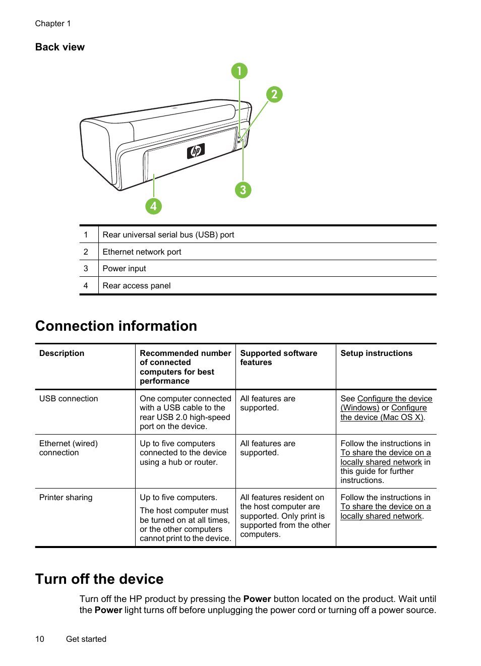 Back view, Connection information, Turn off the device | Connection information turn off the device | HP Officejet 7000 Wide Format Printer - E809a User Manual | Page 14 / 144