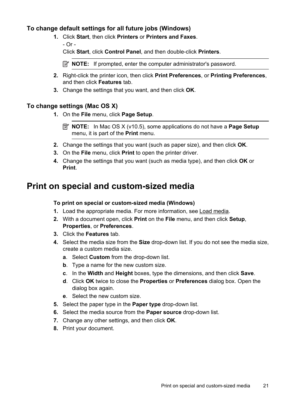 To change settings (mac os x), Print on special and custom-sized media | HP Officejet 7000 Wide Format Printer - E809a User Manual | Page 25 / 144