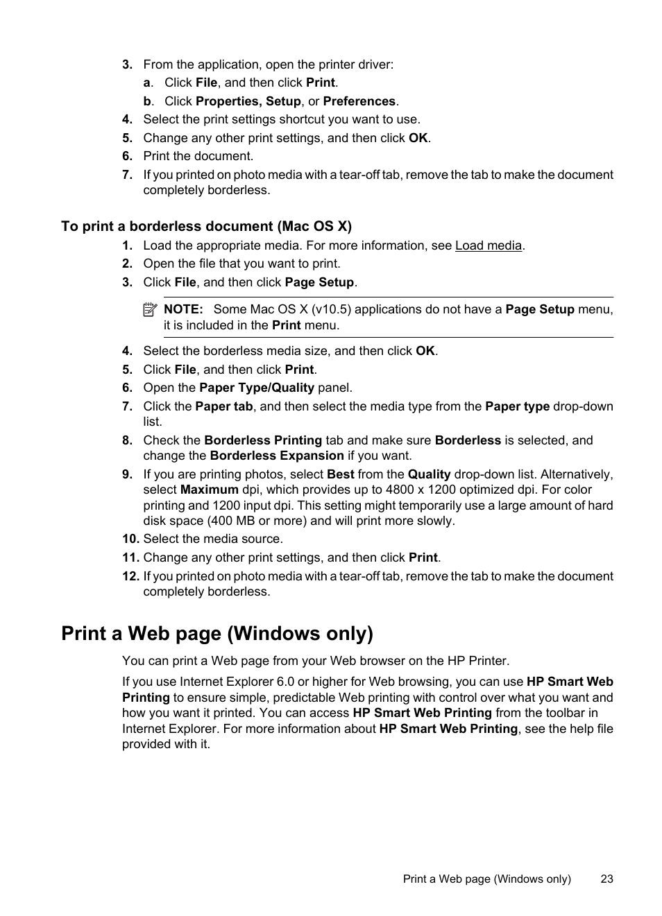 To print a borderless document (mac os x), Print a web page (windows only) | HP Officejet 7000 Wide Format Printer - E809a User Manual | Page 27 / 144