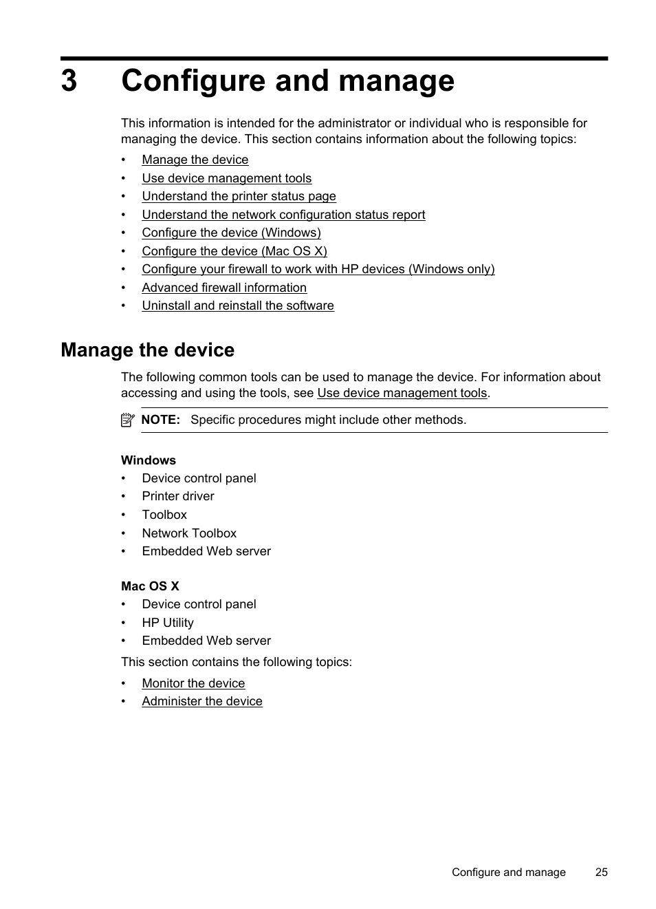 Configure and manage, Manage the device, 3 configure and manage | Monitor the device administer the device, 3configure and manage | HP Officejet 7000 Wide Format Printer - E809a User Manual | Page 29 / 144