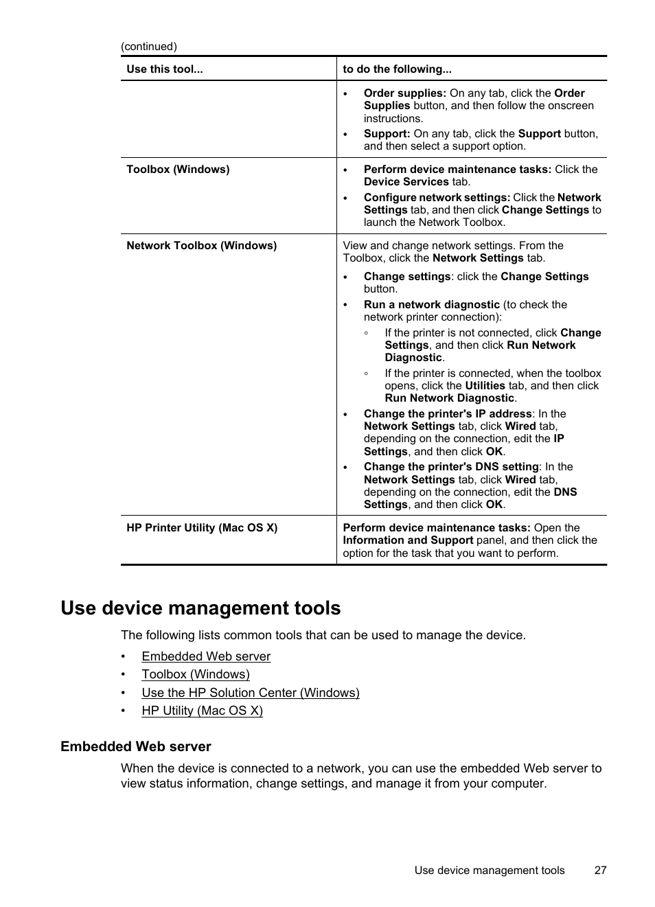 Use device management tools, Embedded web server, Toolbox (windows) | Open the toolbox toolbox tabs network toolbox, Open the hp utility hp utility | HP Officejet 7000 Wide Format Printer - E809a User Manual | Page 31 / 144