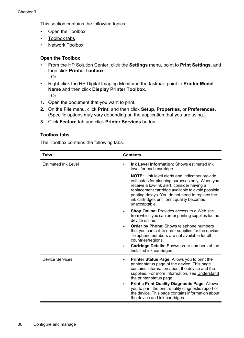 Open the toolbox, Toolbox tabs | HP Officejet 7000 Wide Format Printer - E809a User Manual | Page 34 / 144