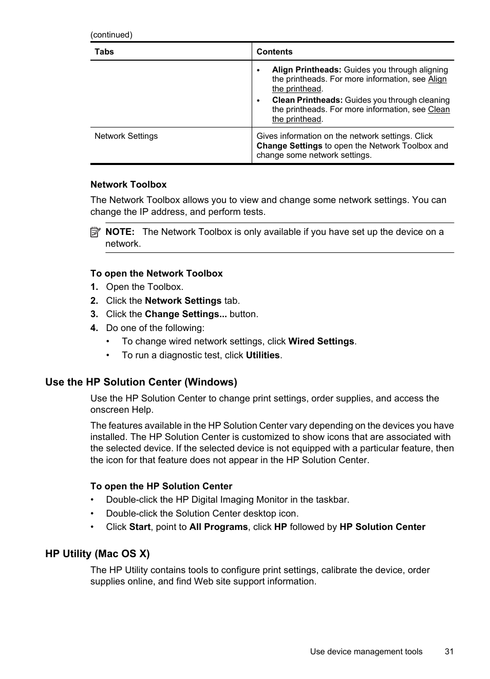 Network toolbox, Use the hp solution center (windows), Hp utility (mac os x) | HP Officejet 7000 Wide Format Printer - E809a User Manual | Page 35 / 144