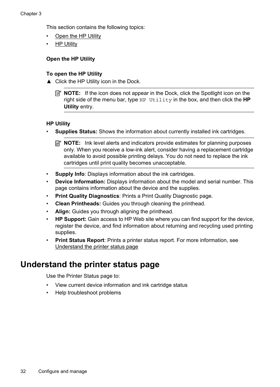 Open the hp utility, Hp utility, Understand the printer status page | HP Officejet 7000 Wide Format Printer - E809a User Manual | Page 36 / 144