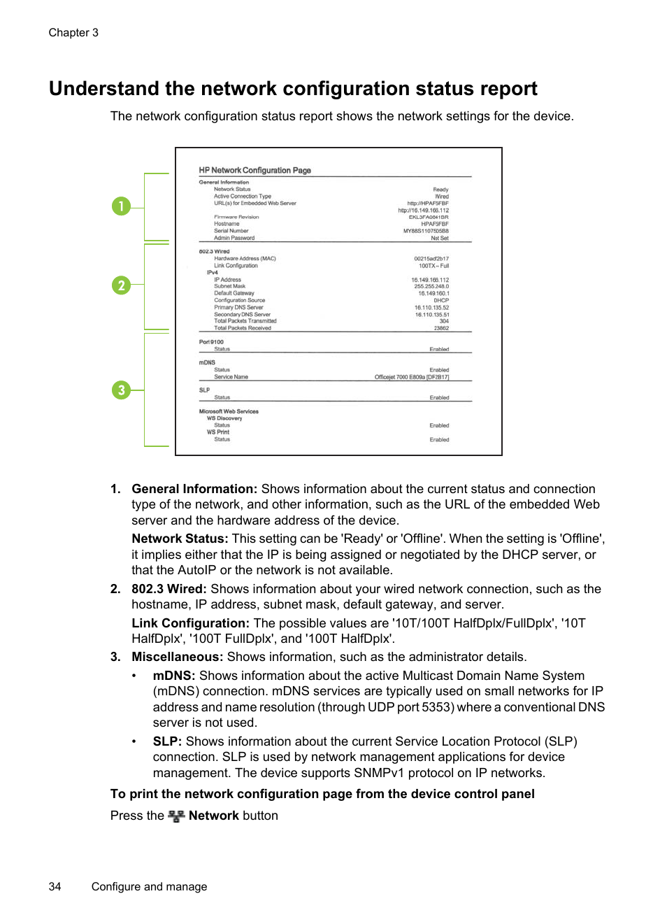 Understand the network configuration status report | HP Officejet 7000 Wide Format Printer - E809a User Manual | Page 38 / 144