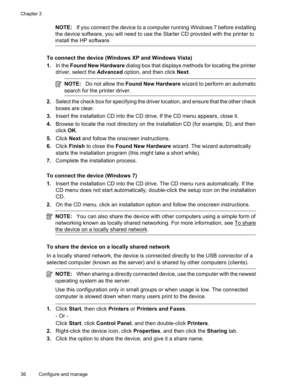 To share the device on a locally shared network, To share the device on a locally shared network in | HP Officejet 7000 Wide Format Printer - E809a User Manual | Page 40 / 144