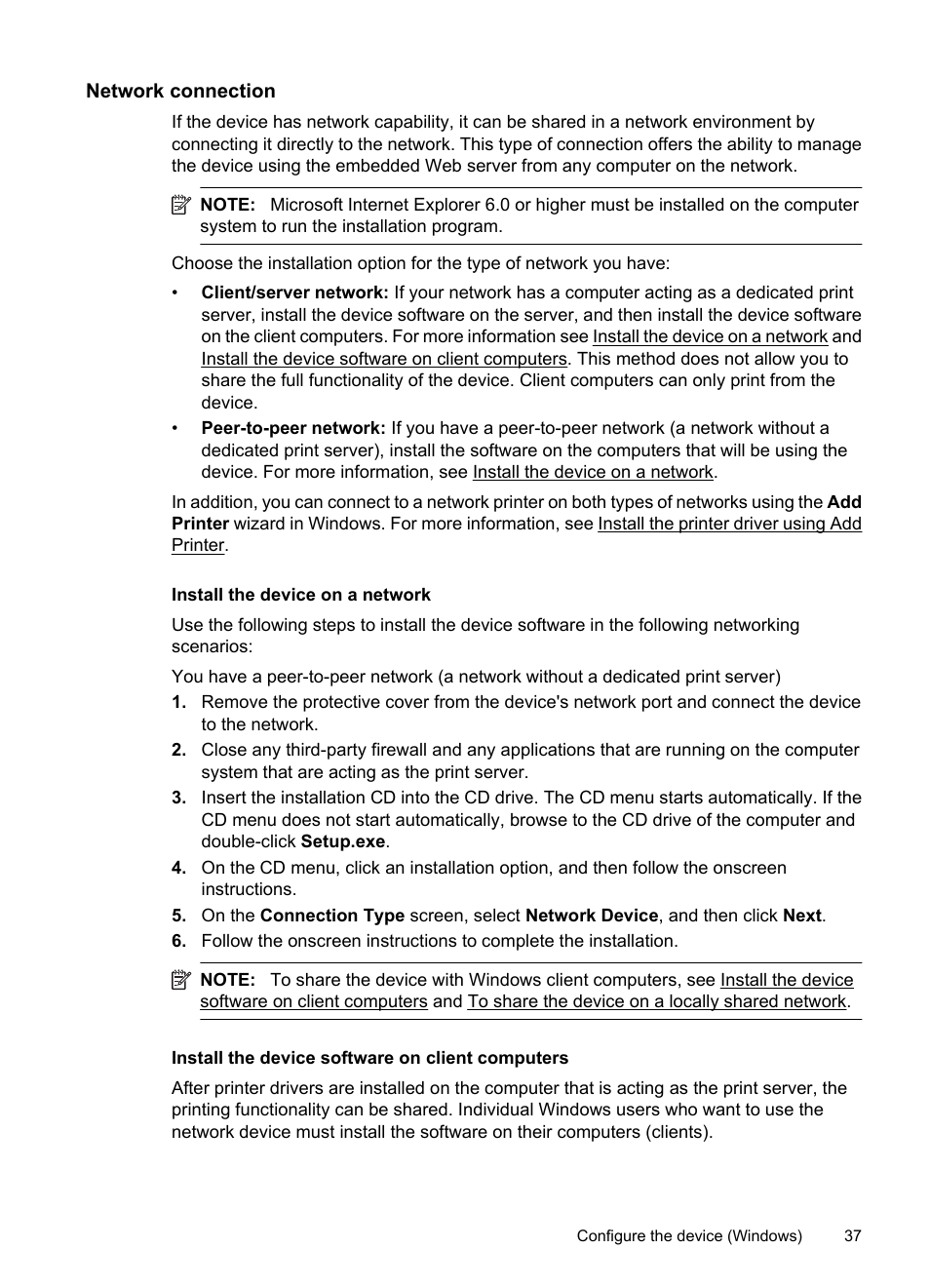 Network connection, Install the device on a network, Install the device software on client computers | HP Officejet 7000 Wide Format Printer - E809a User Manual | Page 41 / 144