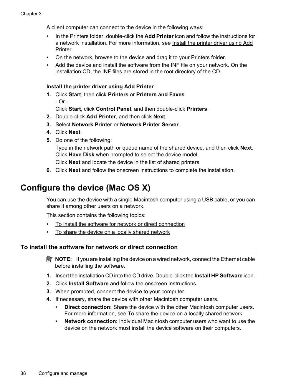 Install the printer driver using add printer, Configure the device (mac os x) | HP Officejet 7000 Wide Format Printer - E809a User Manual | Page 42 / 144