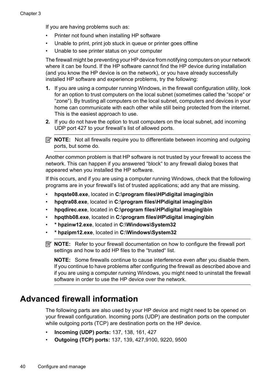 Advanced firewall information | HP Officejet 7000 Wide Format Printer - E809a User Manual | Page 44 / 144