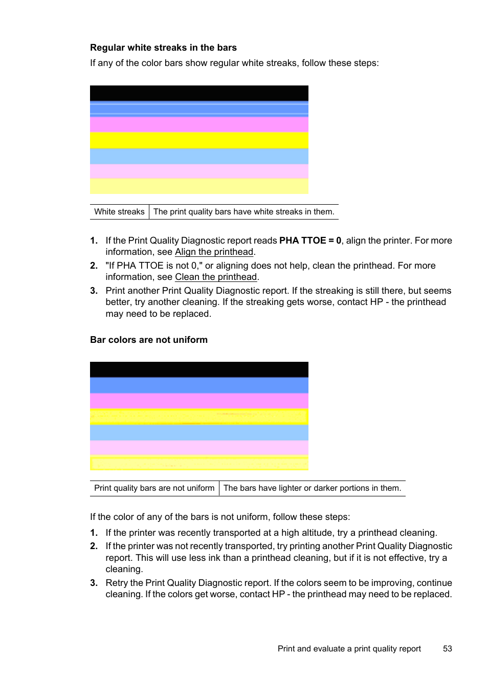 Regular white streaks in the bars, Bar colors are not uniform | HP Officejet 7000 Wide Format Printer - E809a User Manual | Page 57 / 144