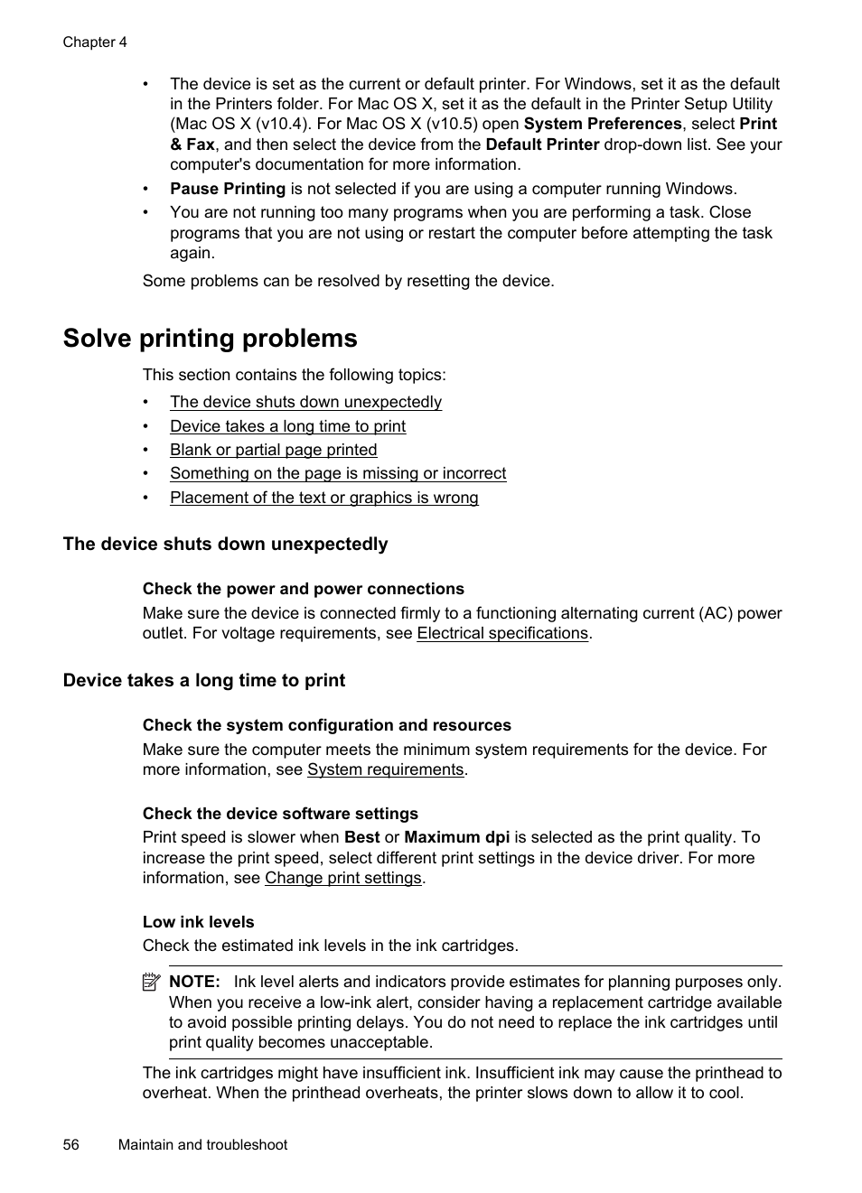 Solve printing problems, The device shuts down unexpectedly, Device takes a long time to print | HP Officejet 7000 Wide Format Printer - E809a User Manual | Page 60 / 144