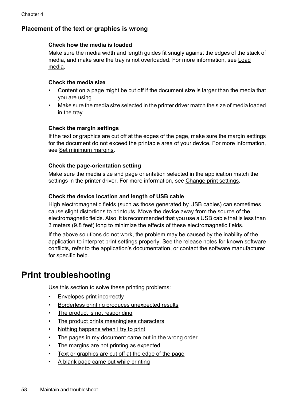 Placement of the text or graphics is wrong, Print troubleshooting | HP Officejet 7000 Wide Format Printer - E809a User Manual | Page 62 / 144