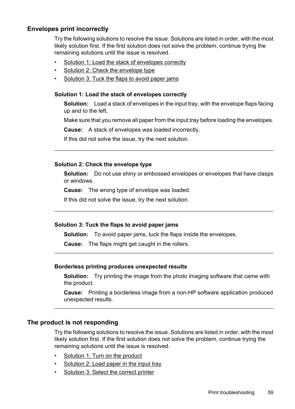 Envelopes print incorrectly, The product is not responding, Borderless printing produces unexpected results | HP Officejet 7000 Wide Format Printer - E809a User Manual | Page 63 / 144