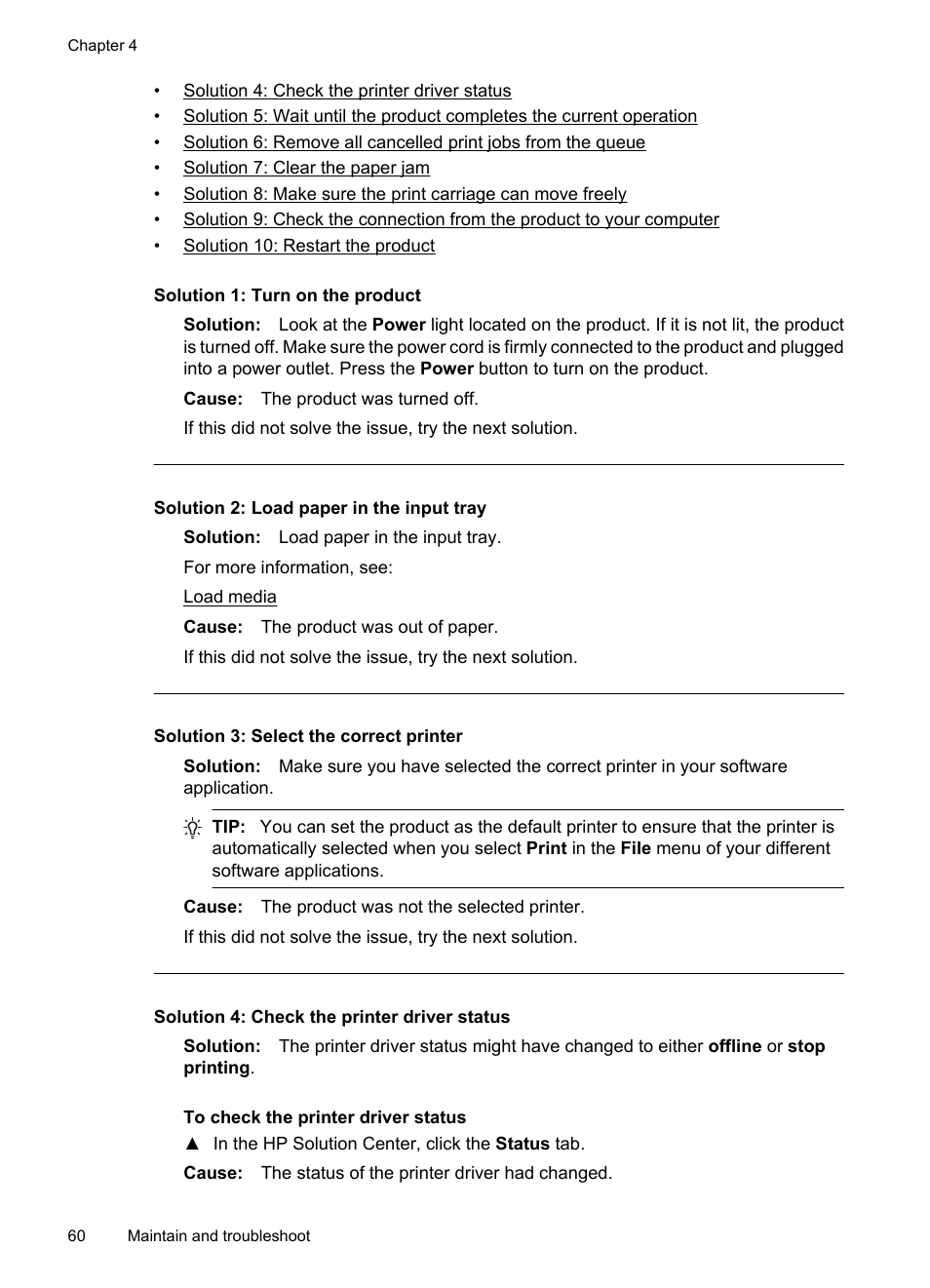 Solution 1: turn on the product, Solution 2: load paper in the input tray, Solution 3: select the correct printer | HP Officejet 7000 Wide Format Printer - E809a User Manual | Page 64 / 144