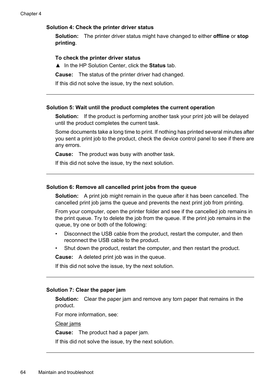 Solution 4: check the printer driver status, Solution 7: clear the paper jam | HP Officejet 7000 Wide Format Printer - E809a User Manual | Page 68 / 144