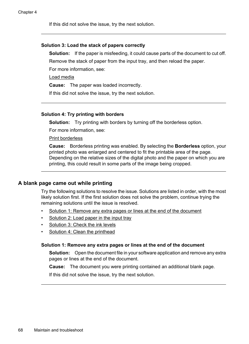 Solution 3: load the stack of papers correctly, Solution 4: try printing with borders | HP Officejet 7000 Wide Format Printer - E809a User Manual | Page 72 / 144