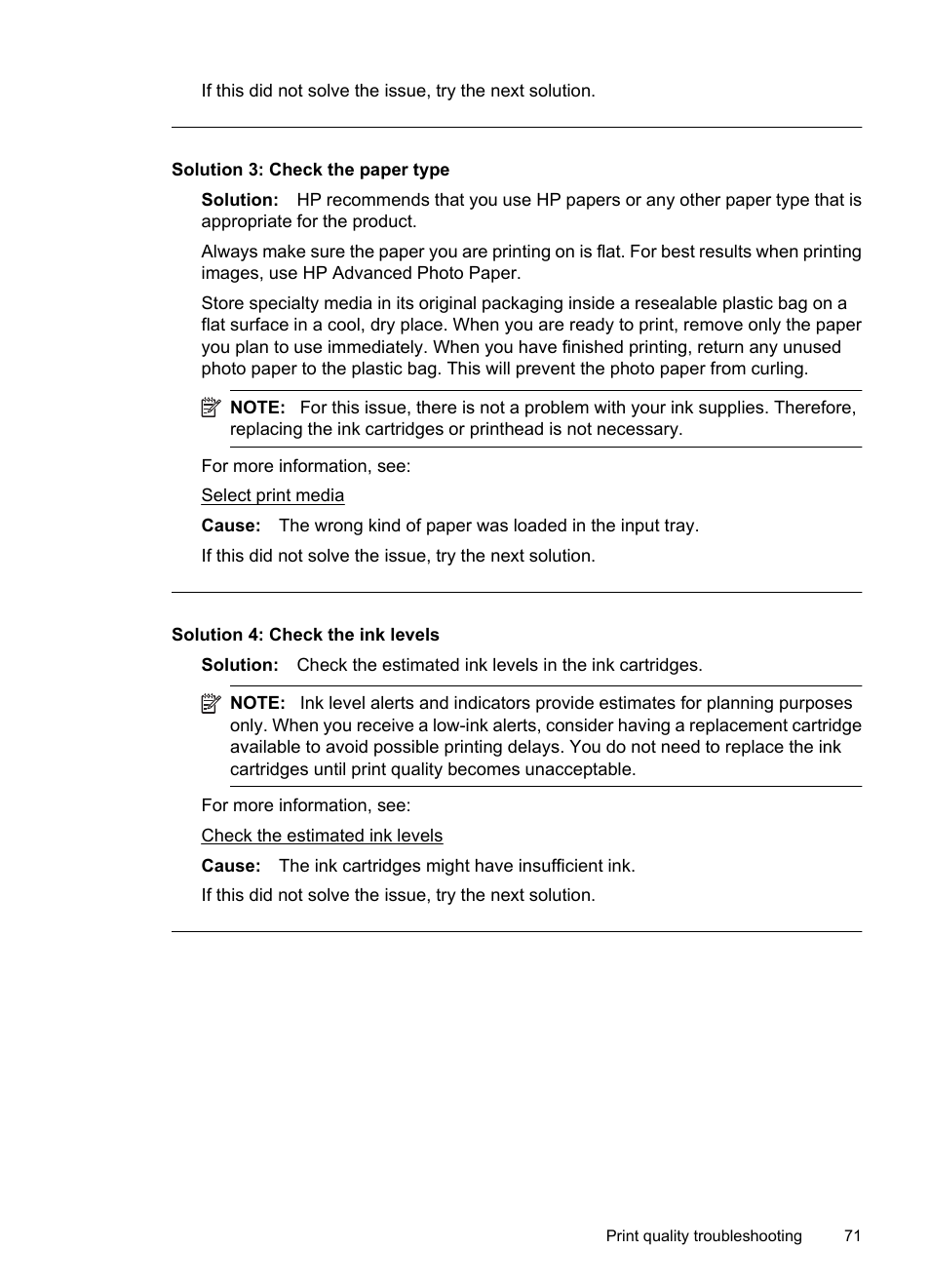 Solution 3: check the paper type, Solution 4: check the ink levels | HP Officejet 7000 Wide Format Printer - E809a User Manual | Page 75 / 144