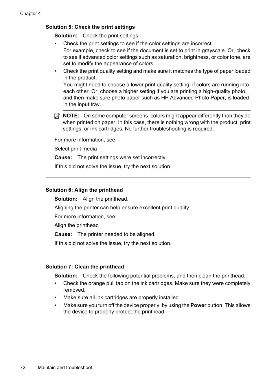 Solution 5: check the print settings, Solution 6: align the printhead, Solution 7: clean the printhead | HP Officejet 7000 Wide Format Printer - E809a User Manual | Page 76 / 144