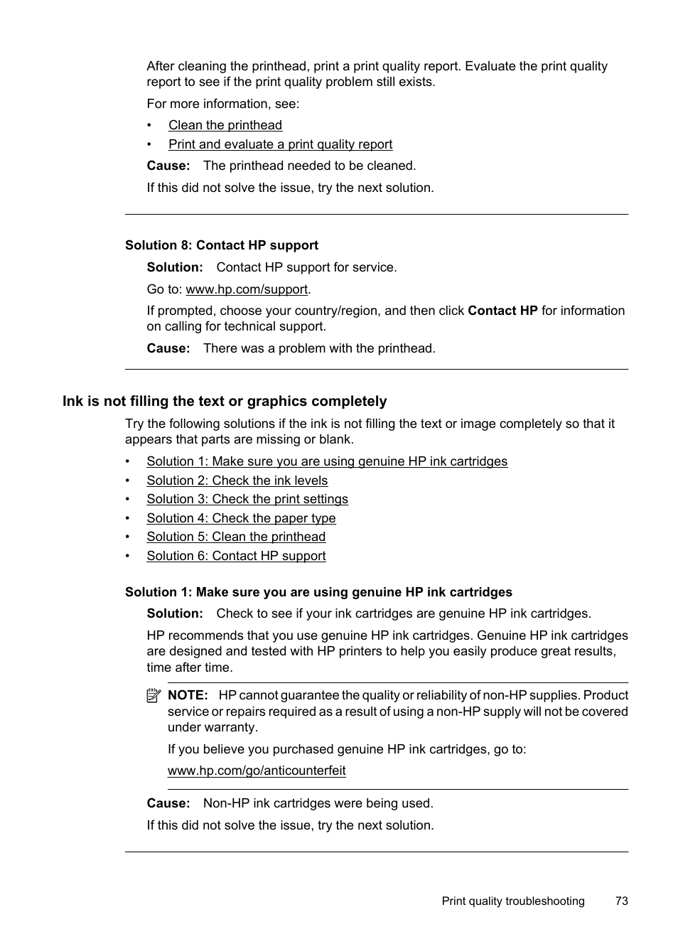 Ink is not filling the text or graphics completely, Solution 8: contact hp support | HP Officejet 7000 Wide Format Printer - E809a User Manual | Page 77 / 144