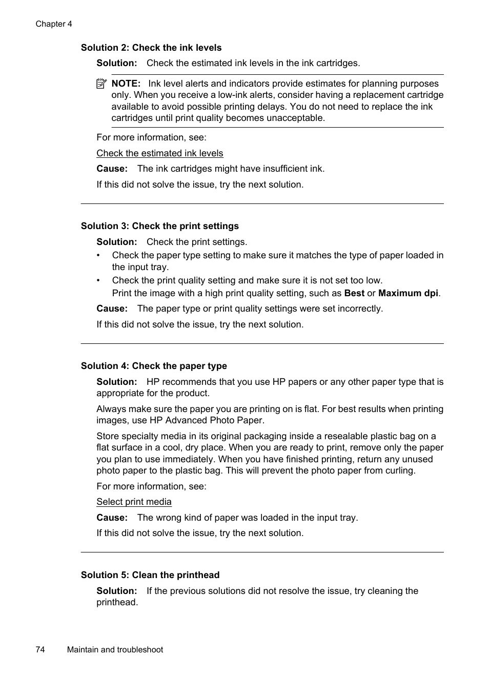 Solution 2: check the ink levels, Solution 3: check the print settings, Solution 4: check the paper type | Solution 5: clean the printhead | HP Officejet 7000 Wide Format Printer - E809a User Manual | Page 78 / 144